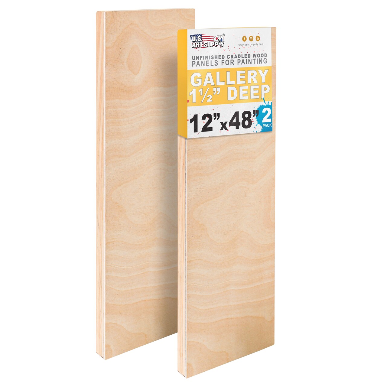 Unfinished Cradled Wood Panels for Painting, 2 Pack of 12x48 inch - Gallery Birch Wooden Canvas Boards 1-1/2" Deep - Mixed-Media Craft, Acrylic, Oil, Encaustic, Paint Pouring